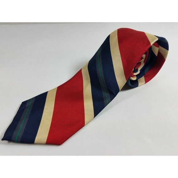 Lands End Mens Silk Tie Navy Red Gold Diagonal Striped - Picture 2 of 4